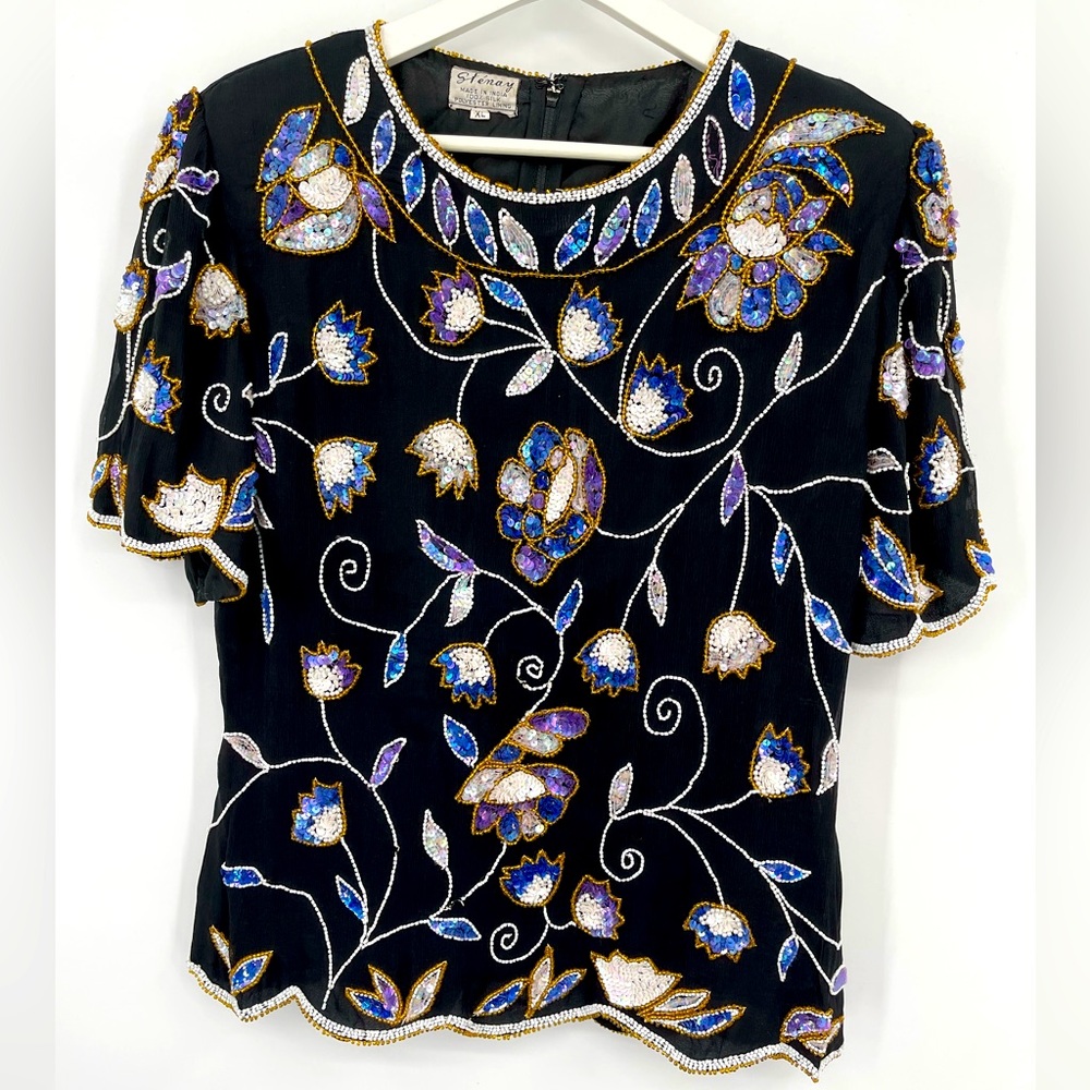 Vintage Stenay Sequin & Beaded Top 80s 90s Sequin Top 100% Silk Size Large